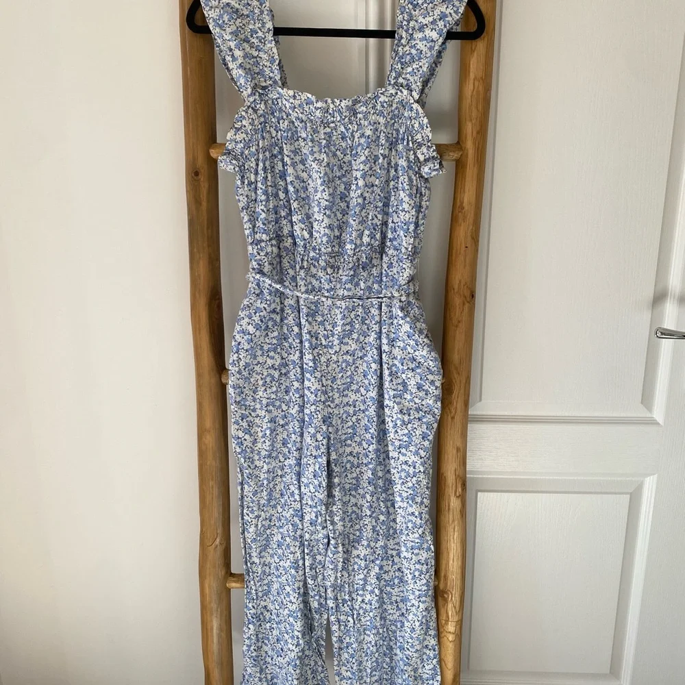 H&M Floral Square-Neck Tie Belt Jumpsuit Linen Blend Sz XL Spring Summer Casual